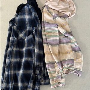 Two Casual Button-Up Shirts - Navy Plaid & Pastel Stripe
